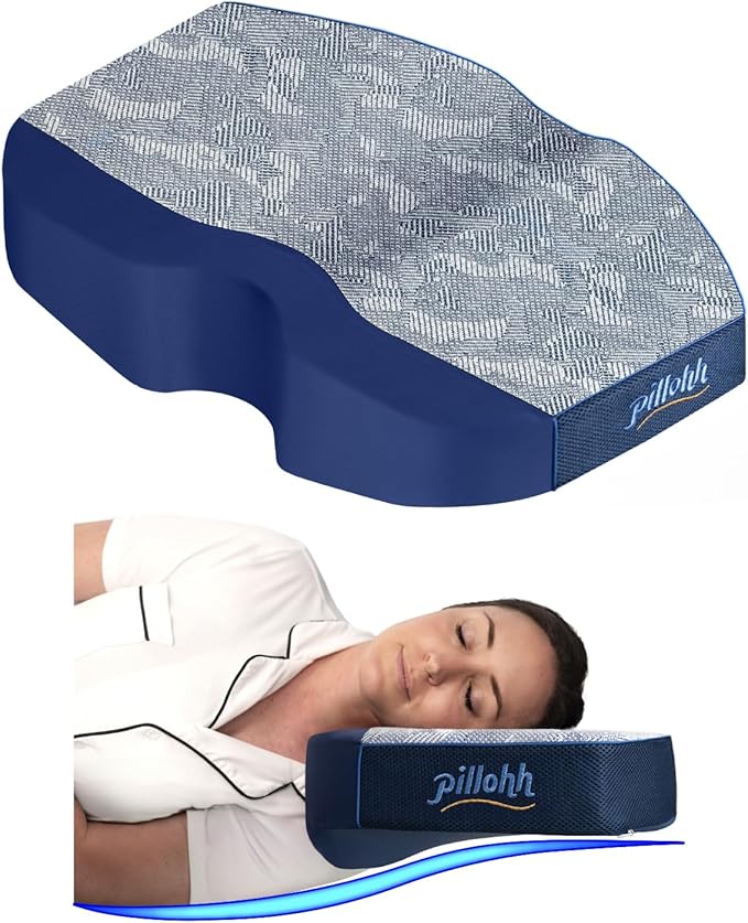 pillohh. Ergonomic Side Sleeper Contoured Pillow for Neck & jaw Comfort. CertiPUR-US Memory Foam. Patent Pending Orthopedic Contoured Base Design. Cooling Airflow Foam and Breathable Fabric Cover.