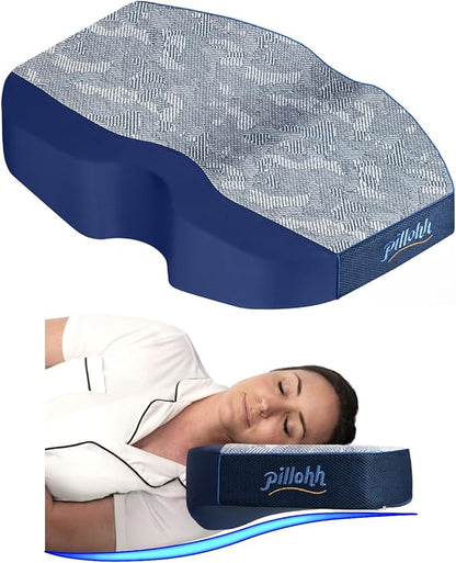 pillohh. Ergonomic Side Sleeper Contoured Pillow for Neck & jaw Comfort. CertiPUR-US Memory Foam. Patent Pending Orthopedic Contoured Base Design. Cooling Airflow Foam and Breathable Fabric Cover.