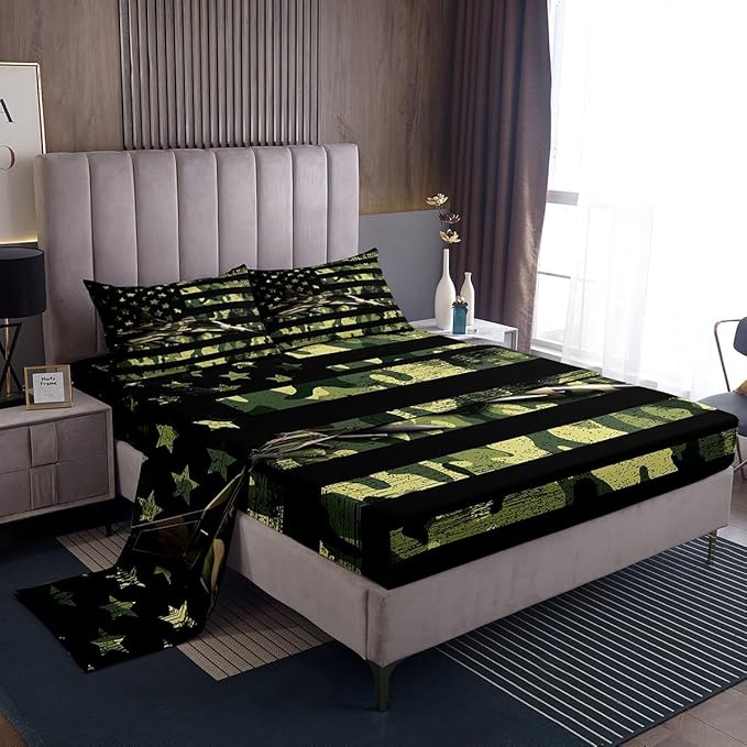 Manfei Aircraft Sheet Set Full Size, Army Camouflage Airplane Bed Sheet Set 4pcs with Deep Pocket Fitted Sheet + Flat Sheet + 2 Pillowcases, Green Camo American Flag Bedding Set for Kids Boys Adults