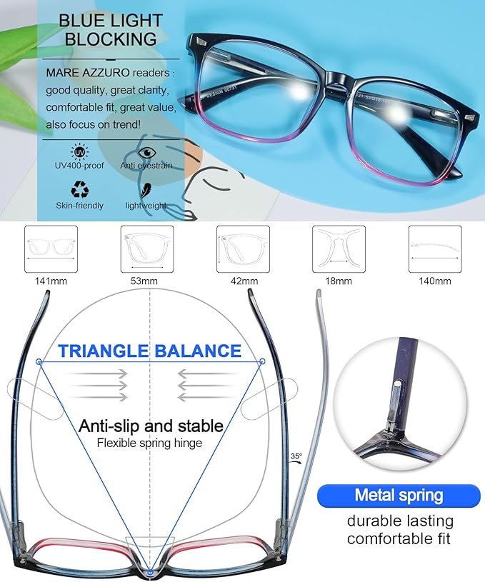 MARE AZZURO Blue Light blocking Reading Glasses Women Computer Readers 0 1.0 1.25 1.5 1.75 2.0 2.25 2.5 2.75 3.0 3.5 4.0 5.0 6.0 (Purple, 275)