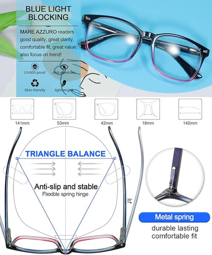 MARE AZZURO Blue Light blocking Reading Glasses Women Computer Readers 0 1.0 1.25 1.5 1.75 2.0 2.25 2.5 2.75 3.0 3.5 4.0 5.0 6.0 (Purple, 600)