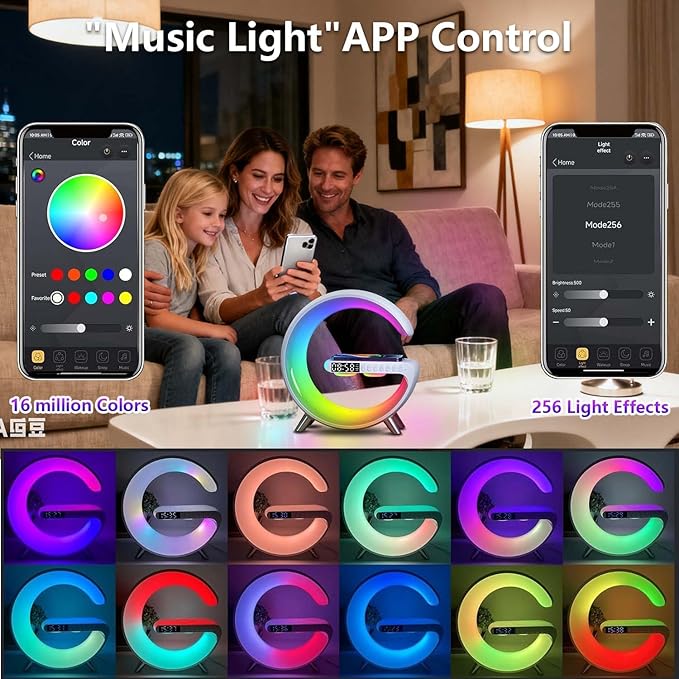 2026 New Wireless Speaker Charger, App Control Smart Alarm Clock LED Table Lamp Bluetooth Speaker Atmosphere Bedside Light with Wireless Charging Station,Alarm Clock Lamp Christmas Gift