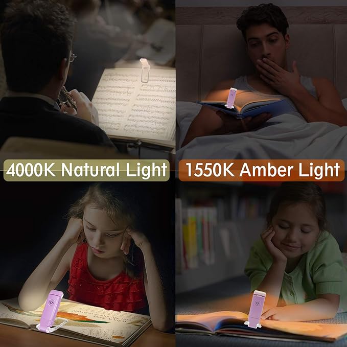 BIGLIGHT Amber Book Reading Light, LED Clip on Book Lights, Reading Lights for Books in Bed, Small Book Light for Kids, USB Rechargeable, 2 Brightness Adjustable for Eye Protection, Lavender