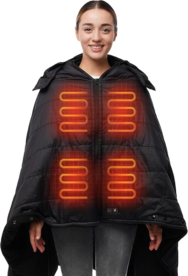 HENNCHEE Heated Blanket Battery Operated with Removable Hooded 70" x 42" Portable Heated Blanket with 16000mAh Battery Pack 5 Heating Zones Waterproof Heated Poncho for Home, Outdoors, Camping, Black
