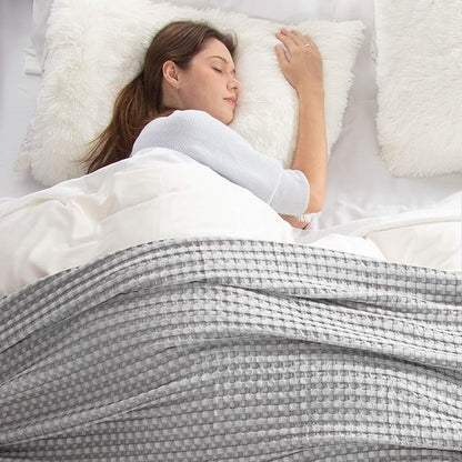 Bedsure Cooling Cotton Waffle Queen Size Blanket - Lightweight Breathable Blanket of Rayon Derived from Bamboo for Hot Sleepers, Luxury Throws for Bed, Couch and Sofa, Grey, 90x90 Inches