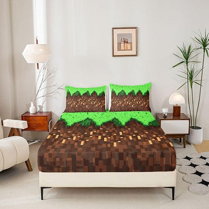 Pixelated Game Boys Girls Bed Sheets,Video Games Gamepad Abstract Room Decor,Gaming Geometric Square Kids Twin Size Fitted Sheet,Green Brown Bedding Set,1 Pillowcase(No Flat)