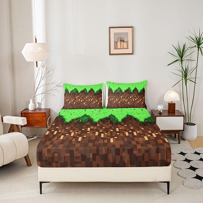 Pixelated Game Kids Full Size Fitted Sheet,Video Games Gamepad Abstract Room Decor,Gaming Geometric Square Boys Girls Bed Sheets,Green Brown Bedding Set,2 Pillowcases(No Flat)