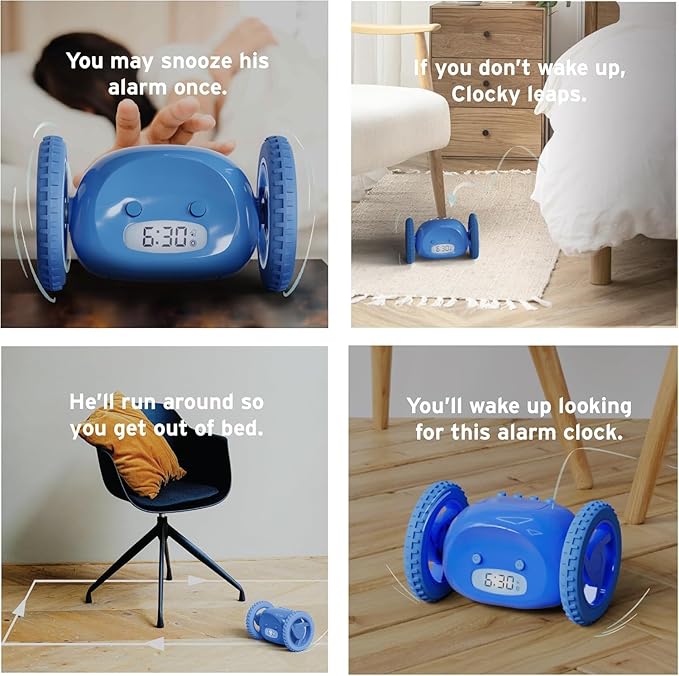 CLOCKY Alarm Clock on Wheels – Loud Rolling Alarm Clock for Heavy Sleepers | Runaway Clock That Jumps & Runs to Wake You Up | Funny Unique Gift for Adults, Teens & Kids Bedrooms (Blue)