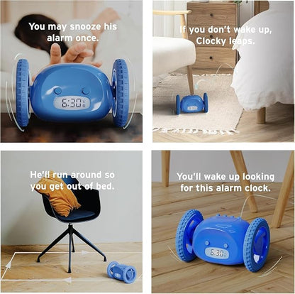 CLOCKY Alarm Clock on Wheels – Loud Rolling Alarm Clock for Heavy Sleepers | Runaway Clock That Jumps & Runs to Wake You Up | Funny Unique Gift for Adults, Teens & Kids Bedrooms (Blue)