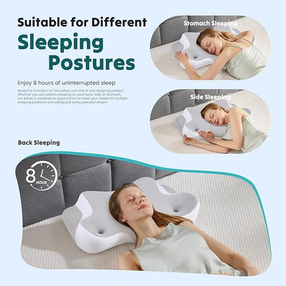 DUMOS Cervical Neck Pillow for Sleeping, Cooling Ergonomic Memory Foam Pillow with Arm Rest Slot and Ice Silk Pillowcase, Dual Height Orthopedic Support Contour for Side, Back, Stomach Sleepers