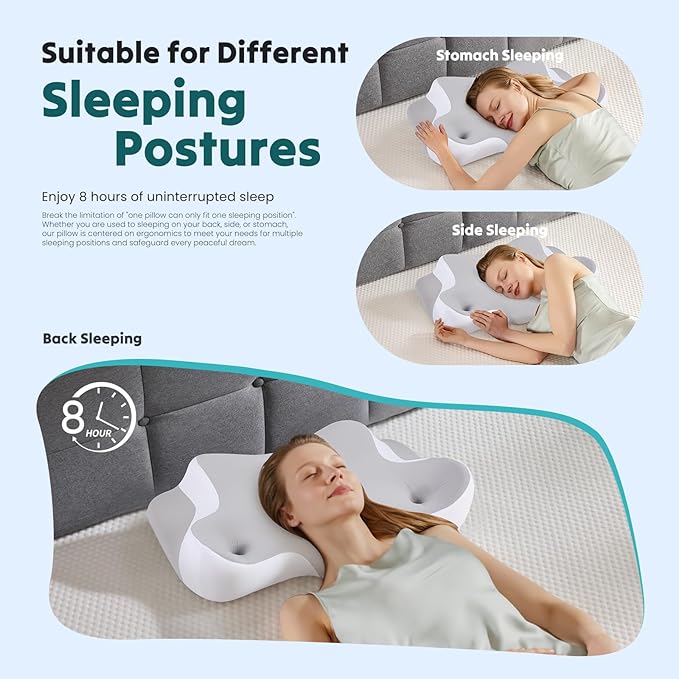 Sweetcrispy Cervical Pillow for Neck and Shoulder,Contour Memory Foam Pillow,Ergonomic Neck Support Pillow for Side Back Stomach Sleepers with Pillowcase, Grey