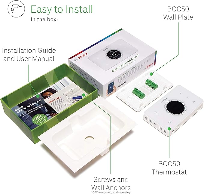 Bosch Thermotechnology Bosch Connected BCC50 Wi-Fi Thermostat-Compatible with Alexa and Google Assistant, All-in-One, Touch Screen, Safety Control, Smart Home, White