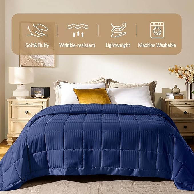 downluxe Queen Size Blanket with Satin Trim, Lightweight Down Alternative Blankets Queen Size for All Season, Machine Washable (Navy, 90x90 Inch)