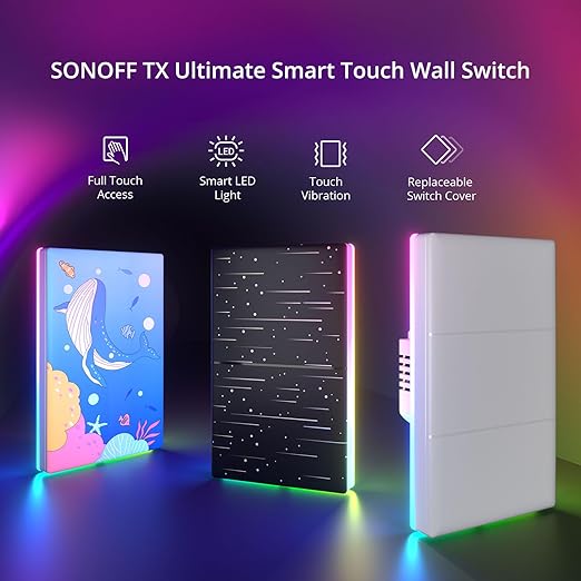 SONOFF Smart Light Switch, 2.4GHz WiFi Interruptor Inteligente, Neutral Wire Required, Voice Control with Alexa and Google Home, Touch Button, Wall Mounting, T5 2 Gang 1 Way