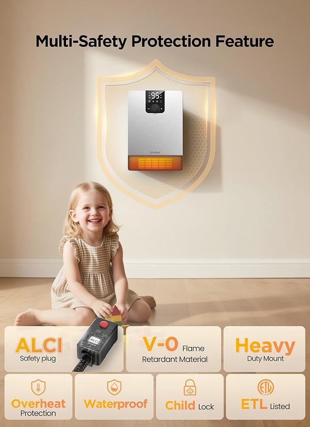 Wall Heater for Bathroom, 1500W Fast Heating Electric Space Heater with ALCI Plug, Adjustable Thermostat, 3 Heating Modes, 24H Timer, Easy Mounted Heater for Indoor Use, Home, Office, Silver