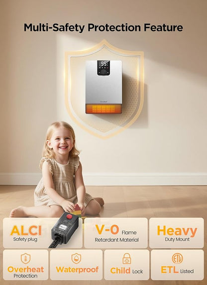Wall Heater for Bathroom, 1500W Fast Heating Electric Space Heater with ALCI Plug, Adjustable Thermostat, 3 Heating Modes, 24H Timer, Easy Mounted Heater for Indoor Use, Home, Office, Silver