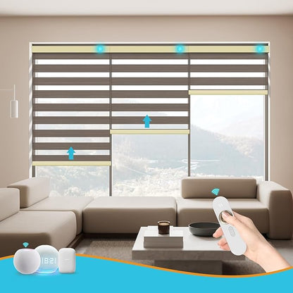 Motorized Zebra Blinds with Remote Smart Blind Work with Homekit Alexa SmartThings Electric Day and Night Shade Cordless Automatic Solar Powered Window Shade Customize(Wooden Texture Coffee)