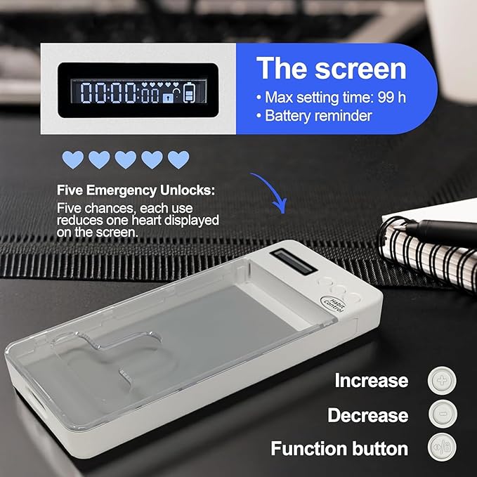 Cell Phone Timed Lock Box, PC ABS Self-Control Case withTimer, Timed Electronic Lock Box, Smart Device Locker for Study, Focus, Productivity