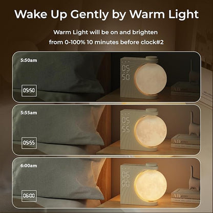 Sunrise Alarm Clock for Bedrooms, Moon Lamp Wake-Up Light with Night Lamp & Colourful Light Mode - 10 Sleep Nature Sounds & Dual Alarms for Heavy Sleepers, 30/60/90 Timer with Snooze Function