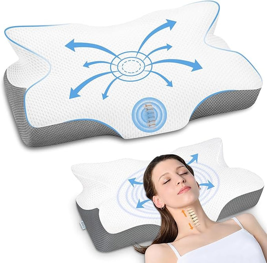 Anvo Cervical Pillow for Neck Pain Relief, Neck Pillows for Pain Relief Sleeping, Memory Foam for Back and Shoulder Pain, Ergonomic Design for Side Back Stomach Sleeper, White Firm Queen