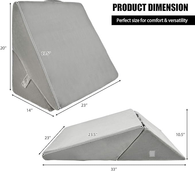 KOMFOTT Bed Wedge Rest Pillow for Sleeping - Triangular Adjustable Memory Foam Backrest Reading Pillow w/Removable Pillowcase Cover for Back Support Knees Legs Positioner, 14" Height, Gray Pillow