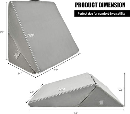 KOMFOTT Bed Wedge Rest Pillow for Sleeping - Triangular Adjustable Memory Foam Backrest Reading Pillow w/Removable Pillowcase Cover for Back Support Knees Legs Positioner, 14" Height, Gray Pillow