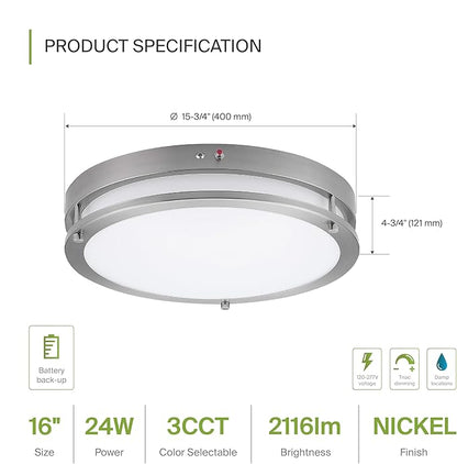 ASD LED 16" Round Flush Mount Lighting, Close to Ceiling Light Fixture | 3CCT, Dimmable, Battery Backup, ETL Listed | 24W 2116LM 3000-5000K 100-277V | Low Profile Double Ring Lamp | Nickel, 4 Pack