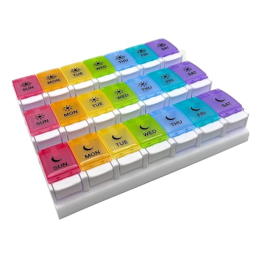 EZY DOSE Weekly (7-Day) Pill Case, Daily Medicine Planner, Vitamin Organizer Container, Large Push Button Compartments, Easy to Use, 3 Times a Day, Spring Open Design, Rainbow Lids, BPA Free