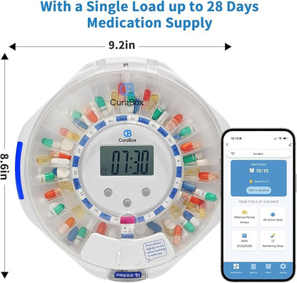 Automatic Pill Dispenser with Bluetooth, 28 Day Medication Organizer Easy-Read LCD Display with Locking Key, Adjustable Sound Alarms for Medication, Vitamins, Supplements