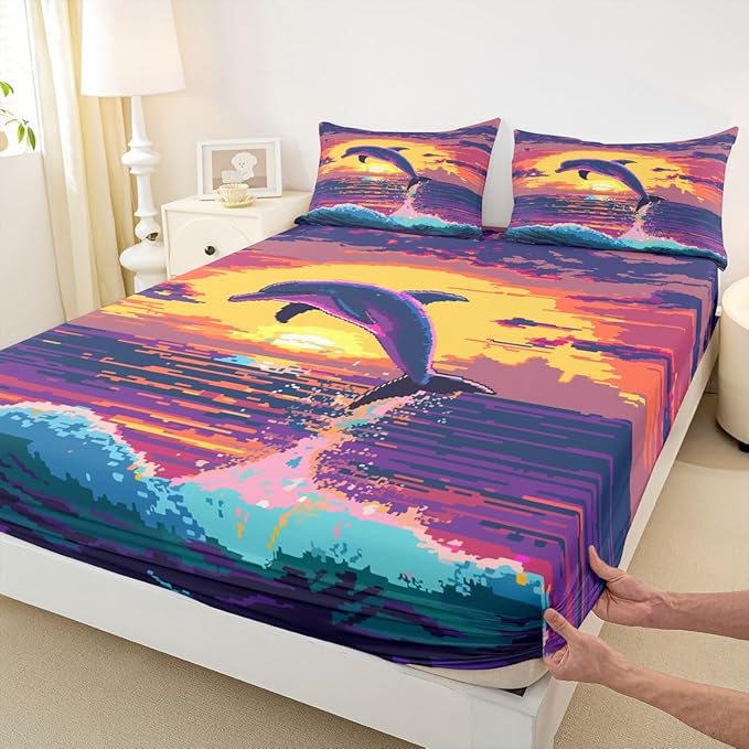 Pixelated Dolphin Boys Girls Bed Sheets,Video Games Pixel Blocks Room Decor,Cartoon Animal Sunset Ocean Kids Twin Size Fitted Sheet,Purple Orange Bedding Set,1 Pillowcase(No Flat)