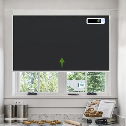 Motorized Blinds with Remote, Blackout Cooling Automatic Shades with Solar Panel Cordless Smart Blinds for Windows, Custom Electric Blinds Horizontal Roller Shades,Black,35" W X 72" H