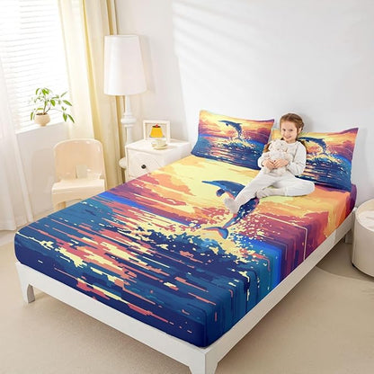 Pixel Dolphin Kids Twin Size Fitted Sheet,Ocean Cartoon Animal Sunset Boys Girls Bed Sheets,Video Games Pixel Blocks Room Decor,Blue Orange Bedding Set,1 Pillowcase(No Flat)
