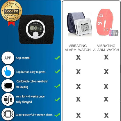 CoolFire Vibrating Alarm Clock Wristband, Silent Wake-Up Watch for Heavy Sleepers, Won’t Disturb Partner, Vibration Alarm Band for Couples/Roommates, Deaf/Hearing Impaired, 4 Alarms, Bluetooth App, Rechargeable (Black)