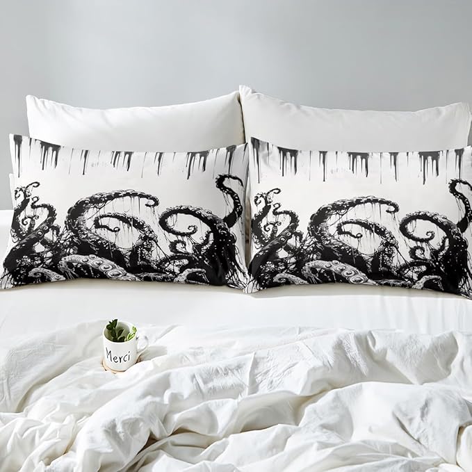 Octopus Kids Fitted Sheet Twin Size,Marine Life Ocean Animals Trippy Bedding Set,Boys Girls Room Decor,Hand-Painted Geometric Abstract Bed Cover,Black White Retro Bed Sheet,1 Pillowcase