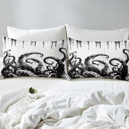Octopus Kids Fitted Sheet Twin Size,Marine Life Ocean Animals Trippy Bedding Set,Boys Girls Room Decor,Hand-Painted Geometric Abstract Bed Cover,Black White Retro Bed Sheet,1 Pillowcase