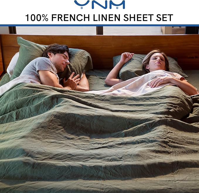YnM French Linen Sheet Set - Cozy, Skin-Friendly, and Eco-Friendly Pure French Linen Sheets Collection, 4-Piece Set Includes Flat Sheet, Fitted Sheet, and 2 Pillowcases – California King, Army Green