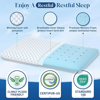 CloudBliss Ultra Slim 3.3” Pillows for Side | Back | Stomach Sleepers, Memory Foam Flat Pillow, Low Profile Sleeper Pillows with Double Sided Comfortable Breathable Pillow Cover, Standard