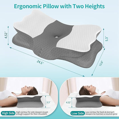 Cervical Neck Pillow for Neck Pain Relief - Memory Foam Ergonomic Neck Support Pillows for Sleeping with Cooling Pillowcase, Orthopedic Contour Pillow for Side, Back and Stomach Sleepers