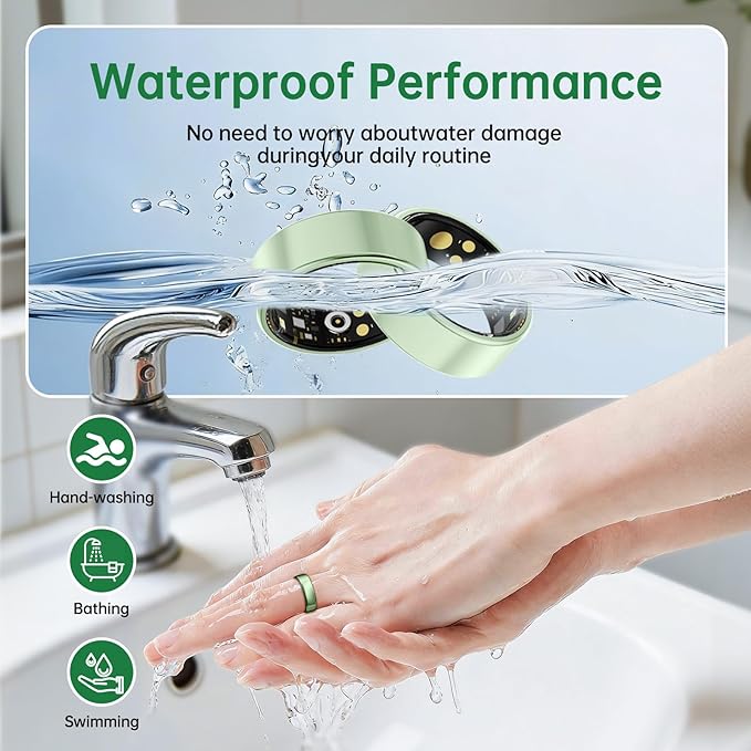 Smart Ring for Women & Men, Health Tracker Ring with Heart Rate, Blood Oxygen,Blood Pressure, IP68 Waterproof Fitness Ring, Sleep Tracker for iPhone and Android, No APP Fee (Green, 10#)