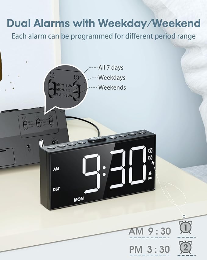 Roxicosly Vibrating Alarm Clock with Bed Shaker for Heavy Sleepers, 3-Level Vibration, Dual Alarms with Weekday & Weekend Mode, Large Digits, Dimmer, Snooze, USB Charger, Battery Backup