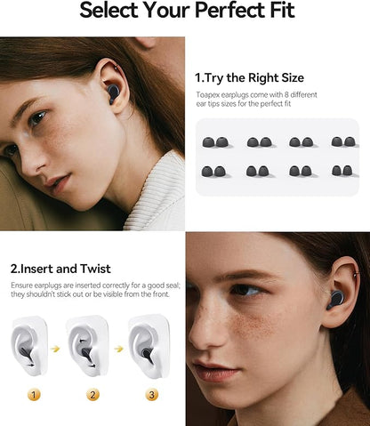 Ear Plugs for Sleeping 45dB Noise Cancelling Ear Plugs for Noise Reduction & Snoring, Concerts, Earplugs for Sleep, Sider Sleepers Airplane, Silicone Earplugs Reusable Concert Ear Plug +8Tip DarkBlack