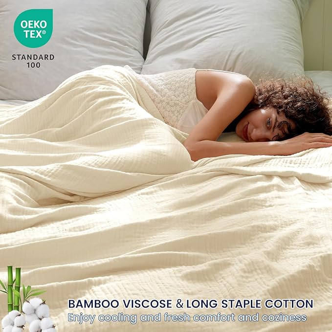 PHF Cooling Muslin Twin Blanket for Hot Sleepers, 60% Rayon Derived from Bamboo, 40% Cotton for Summer, 4-Layer Breathable Gauze Blanket for Bed Couch, 66"x90", Natural/Shortbread
