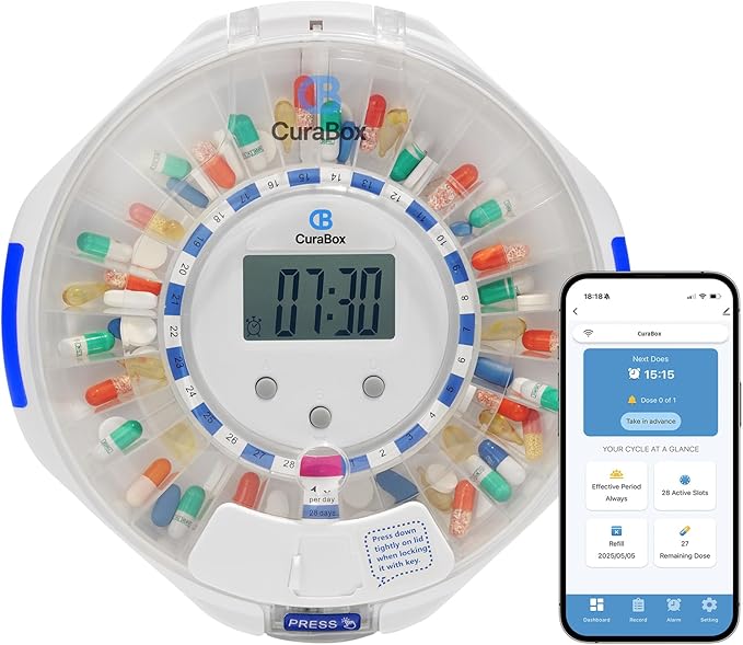 Automatic Pill Dispenser with Bluetooth, 28 Day Medication Organizer Easy-Read LCD Display with Locking Key, Adjustable Sound Alarms for Medication, Vitamins, Supplements