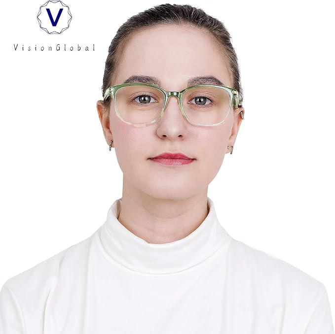 VisionGlobal Blue Light Blocking Glasses for Women, Anti Eyestrain, Computer Reading, TV Glasses, Stylish Square Frame, Anti Glare(Clear Green,+0.50 Magnification)