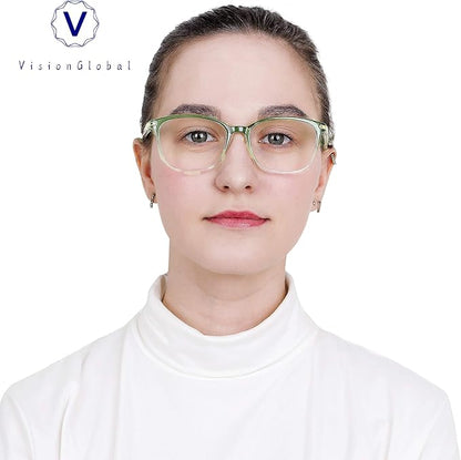 VisionGlobal Blue Light Blocking Glasses for Women, Anti Eyestrain, Computer Reading, TV Glasses, Stylish Square Frame, Anti Glare(Clear Green,+0.50 Magnification)