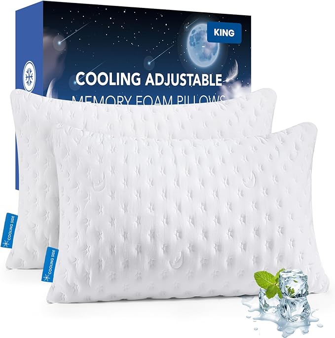 Cooling Side Sleeper Pillow for Neck and Shoulder Pain, Luxury Shredded Memory Foam Curved Bed Pillows for Sleeping Set of 2- Adjustable King Size- Washable Cover Crescent White