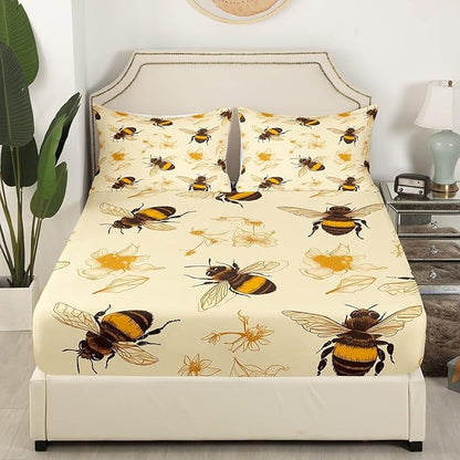 Honeycomb Bee Kids Fitted Sheet Queen Size,Hand Drawn Flowers Leaves Rustic Bedding Set,Boys Girls Room Decor,Wildlife Animals Farmhouse Bed Cover,Yellow Beige Bed Sheet,2 Pillowcases