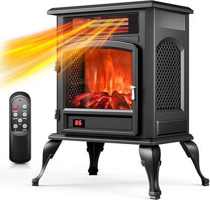 Electric Fireplace Stove Heater - Freestanding Electric Fireplace Heater with 3D Flame Effect, 1500W Infrared Electric Stove Heater for Indoor Use with Thermostat, Tip-Over&Overheat Protection