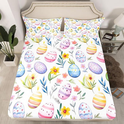 Easter Egg Fitted Sheet Full Size Spring Flower Floral Bedding Set for Kids Bedroom Happy Easter Rustic Bed Sheet Set 3pcs Purple Colorful Deep Pocket Mattress Cover,No Top Flat