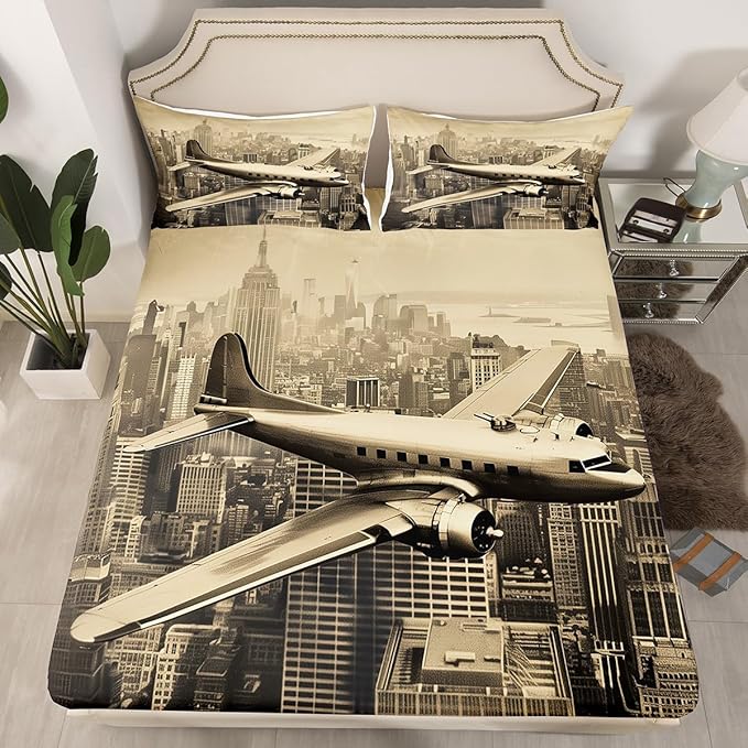 3D Airplane Kids Fitted Sheet Queen Size,Aviation Aircraft Flying Plane Retro Bedding Set,Boys Girls Room Decor,High Building Modern Fashion Bed Cover,Brown Bed Sheet,2 Pillowcases